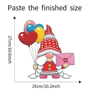 Size specifications for Valentine gnome wall sticker with heart balloons and dimensions