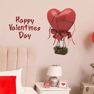 Sticker mural de la Saint-Valentin avec montgolfière en cœur rouge et slogans romantiques