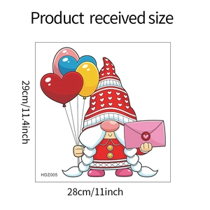 Detailed size chart showing 28x29cm Valentine gnome wall sticker with heart balloons