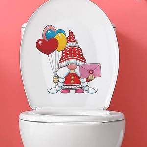 Valentine's Day Gnome Toilet Lid Sticker Heart Balloon Gnome Decal Waterproof PVC Home Bathroom Decorative Wall Sticker