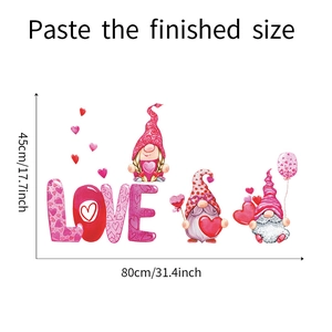 Detail showing Valentine gnomes wall decals with LOVE text and dimensions of 80x45cm