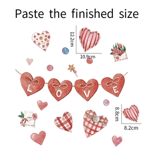 Detail of watercolor heart wall stickers showing dimensions and love themed patterns