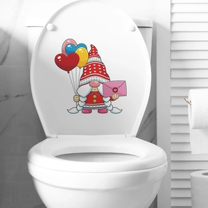 Valentine's Day gnome toilet lid sticker with heart balloons for home decoration