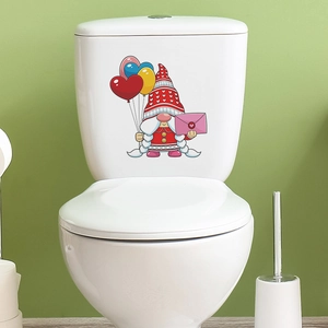 Cute gnome sticker with heart balloons and envelope applied on a white toilet tank