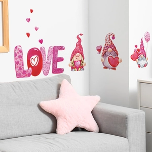 Valentine's Day wall sticker with pink gnomes and LOVE lettering for home decor