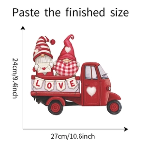 Detailed dimensions of 27x24cm showing gnomes in a red truck wall sticker for decor
