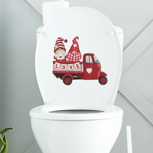 Detail view of Valentine's gnome love truck sticker applied on a white toilet cover