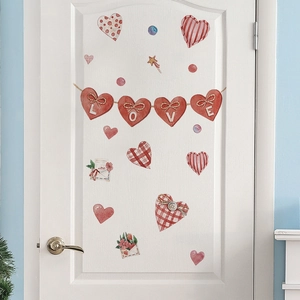 Watercolor Valentine heart wall stickers with Love banners on a white wooden door