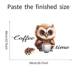 Maßangaben für Eulen-Kaffee-Wandtattoo, 68 cm x 40 cm, Coffee Time Design für die Küche