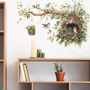 Cartoon tree branch wall decal with birds and nest for kids bedroom wall decor