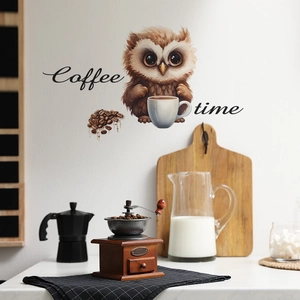 Wandsticker-Detail mit Cartoon-Eule, Kaffeetasse und dem kunstvollen Text Coffee Time