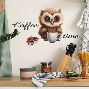 Cartoon Eule Kaffee Zeit Wandaufkleber PVC Abnehmbare Selbstklebende Dekal Für Küche Café Arbeitszimmer Heim Dekorative Kunst Wandbild