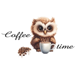 Cartoon-Eule Wandaufkleber mit Kaffeetasse und Coffee Time Schriftzug auf weiß