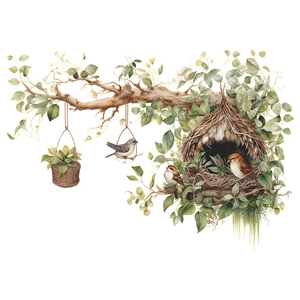 Cartoon forest style wall sticker featuring green leaves, birds, and bird nest on branches