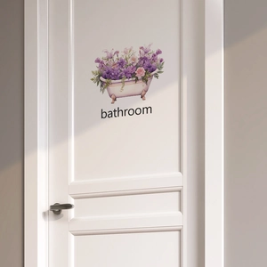 Floral bathtub wall sticker with purple flowers and bathroom text on white door