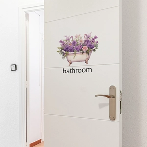 Detailed watercolor floral clawfoot bathtub wall decal with black bathroom text