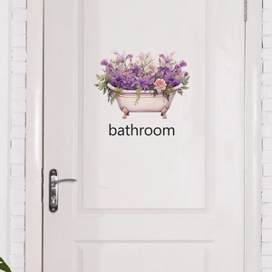 Pastoral Watercolor Bathroom Bathtub Flower Wall Sticker Self-Adhesive PVC Door Decal For Home Washroom Decoration Floral