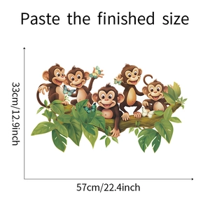Detailed size guide for cartoon monkeys on tree branch wall decals showing 57x33cm dimensions