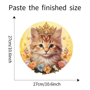Vue détaillée du sticker WC rond chat couronne avec fleurs montrant les dimensions 27cm