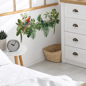 Stickers muraux perroquets et feuilles tropicales pour déco de chambre fraîche