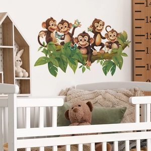 Detailed jungle monkey wall decals featuring cartoon animals on branches for nursery decor