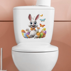 Easter cartoon bunny with colorful eggs and butterflies decorative toilet lid sticker