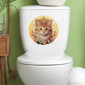Sticker autocollant chat mignon avec couronne et fleurs pour décoration de toilette WC