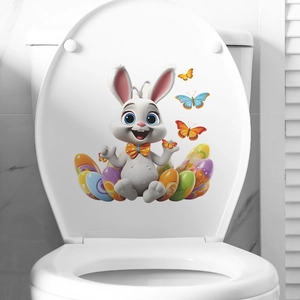 Easter bunny toilet lid decal with colorful eggs and butterflies bathroom wall sticker