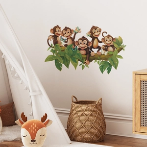 Cartoon monkeys on leafy tree branch wall sticker for nursery room home decoration