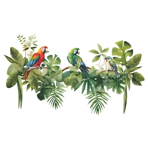 Stickers muraux tropicaux avec perroquets colorés et feuilles de monstera décoratifs