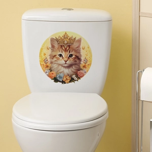 Autocollant de toilette chat roux à poils longs avec couronne dorée et fleurs colorées