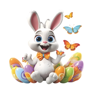 Easter 3D cartoon white rabbit wall sticker with colorful eggs and butterflies décor