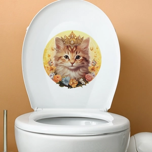 Sticker Toilettes Chat de Dessin Animé Avec Couronne Dorée et Fleurs PVC Imperméable Autocollant Mural Amovible Pour Salle de Bain