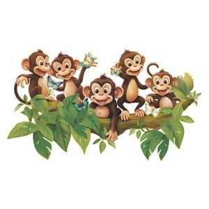 Cartoon monkeys on tree branch wall decals for kids room nursery home decor stickers