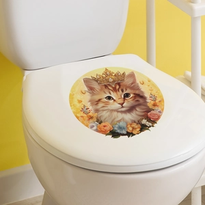 Autocollant chat mignon avec couronne et fleurs pour décoration de couvercle de toilette
