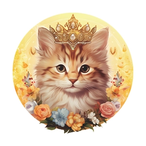 Sticker mural rond d'un chat mignon avec couronne de perles et décor de fleurs