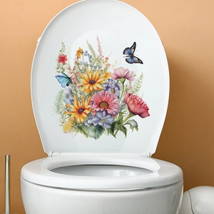 Detailed view of colorful flower and butterfly waterproof PVC stickers on a toilet lid
