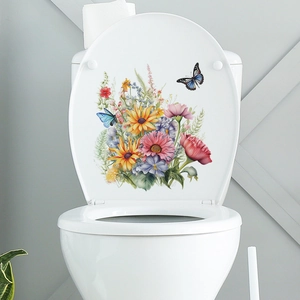Vibrant floral toilet lid decal featuring colorful flowers and butterflies for bathroom decor