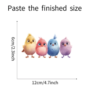 Detail showing cartoon bird wall stickers with finished size dimensions for room decor