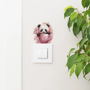 Pegatina de pared de panda en taza rosa para decorar interruptor con cerezos