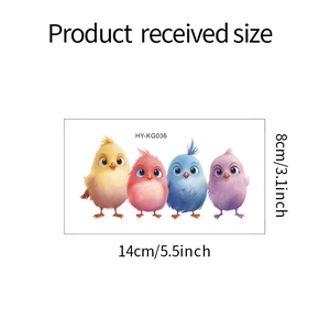 Detailed dimensions for colorful 3D cartoon bird switch stickers in four cute styles