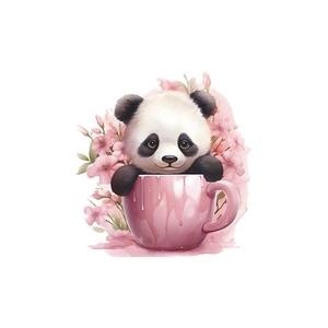 Vinilo decorativo de panda en taza rosa con flores de cerezo para decoración de hogar