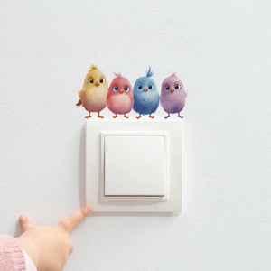 Cute cartoon bird wall stickers in four colors placed over a white light switch decor