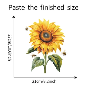 Detail showing self-adhesive sunflower and bee wall decal with exact 21x27cm dimensions