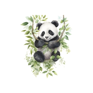 Cute panda swinging on green vine branch watercolor wall sticker for kids room decor