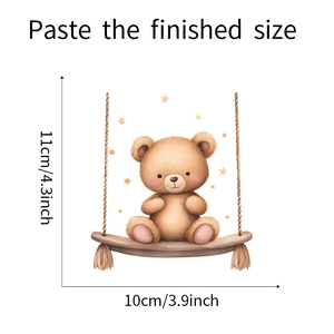 Detail showing cartoon teddy bear on a swing wall sticker with watercolor stars and dimensions