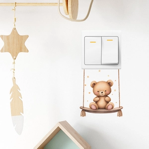 Cute cartoon bear on a swing wall sticker with golden stars for bedroom switch decoration