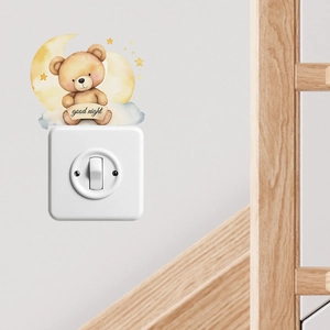 Cartoon brown bear and moon wall sticker for children's bedroom decor with good night banner