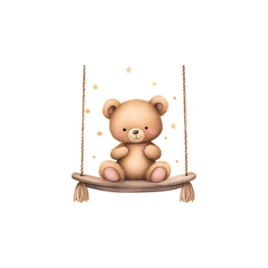Cartoon teddy bear on wooden swing wall sticker with yellow stars for bedroom decoration
