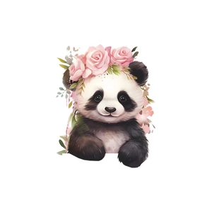 Cute panda wall sticker with pink roses and watercolor art for bedroom home decoration